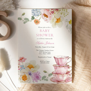 Tea Wildflower Pink Baby Shower Invitation