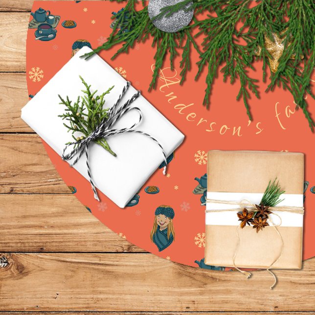 Tea with cookies, girl in winter, snowflakes brushed polyester tree skirt (Tea with cookies, girl in winter, snowflakes brushed polyester tree skirt
)