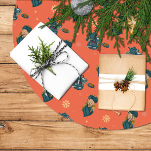 Tea with cookies, girl in winter, snowflakes brushed polyester tree skirt