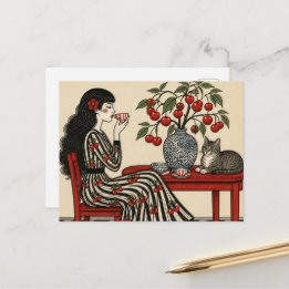 Tea With My Cat in my Cherry Dress Postcard