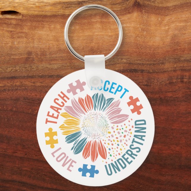 "Teach Accept Love Understand" Puzzle Piece Flower Key Ring (Front)