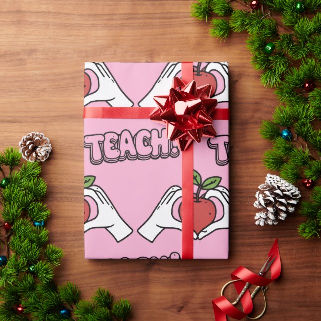 TEACH" Apple & Heart Hands Christmas Gift  Wrapping Paper (Holiday Gift)