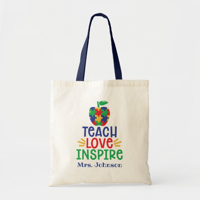 Teach Love Inspire Autism Teacher Personalised Tote Bag (Front)
