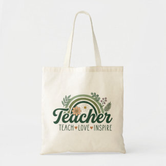 Teach Love Inspire Botanical Rainbow Teacher Gift Tote Bag