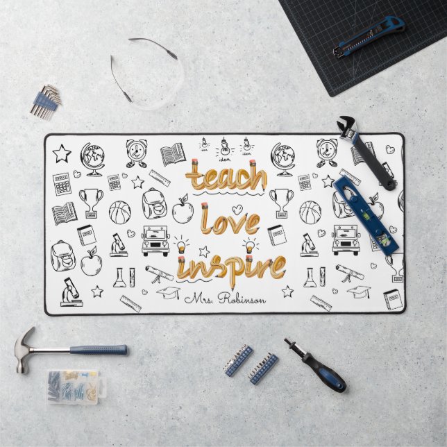 Teach Love Inspire: Personalised Modern Doodle  Desk Mat (Workstation)