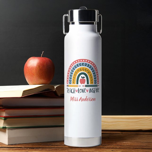 Teach Love Inspire Rainbow Teacher Appreciation Water Bottle (A cute boho rainbow teacher appreciation water bottle. Personalize it with your teachers name.)