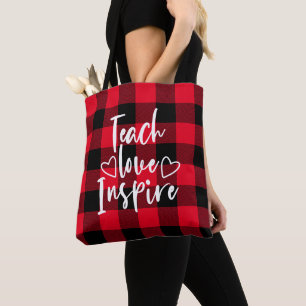 Teach Love Inspire Red and Black Buffalo Plaid Tote Bag