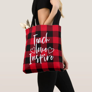 Teach Love Inspire Red and Black Buffalo Plaid Tote Bag