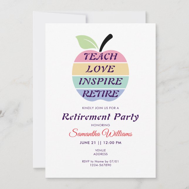 Teach Love Inspire Retire Teacher Retirement Party Invitation (Front)