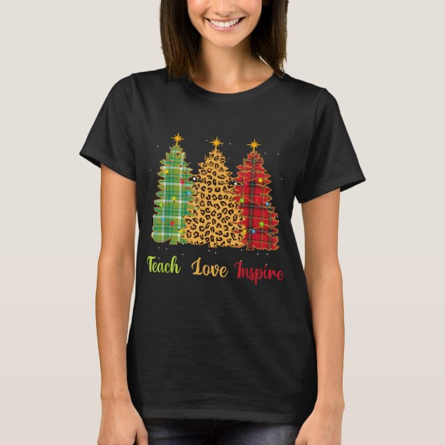 Teach Love Inspire Teacher Christmas Tree Leopard T-Shirt (Front)