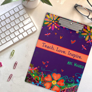 Teach Love Inspire Teacher Floral Colourful Quote Clipboard