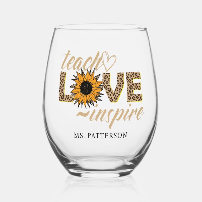 Teach Love Inspire Teacher Sunflower Modern Name Stemless Wine Glass (Front)