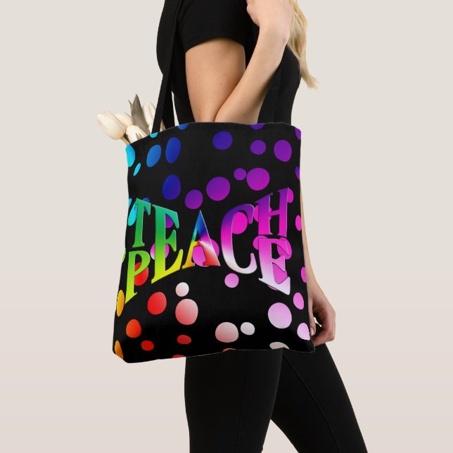 TEACH PEACE Rainbow Graphic On Polka Dots Tote Bag (Close Up)