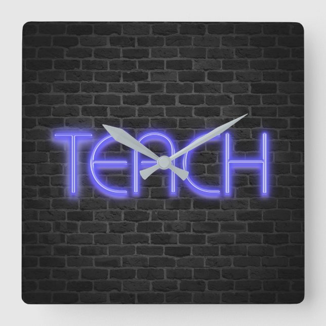 TEACH text in neon lights on brick Square Wall Clock (Front)