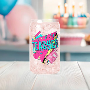 Teacher 90s Retro Colourful Teacher Back To School Can Glass