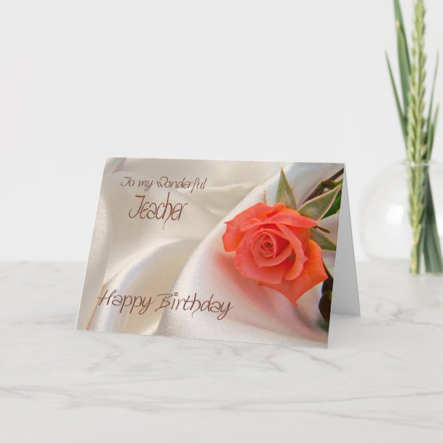 Teacher, a birthday card with a pink rose (Front)