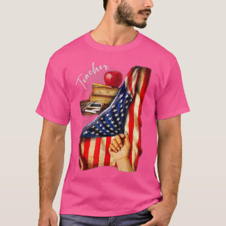 Teacher Apple Book Inside American Flag Hand Pride T-Shirt