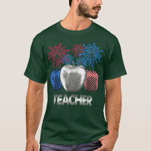Teacher Apple Firework American Flag T-Shirt