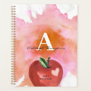 Teacher Apple Heart Monogram Name Red Pink Planner