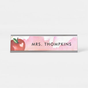 Teacher Apple Heart Red Pink Watercolor Desk Name Plate