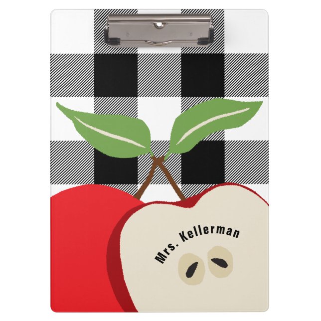 Teacher Apple White Buffalo Plaid Monogrammed Name Clipboard (Front)