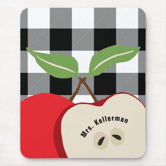 Teacher Apple White Buffalo Plaid Monogrammed Name Mouse Mat (Front)