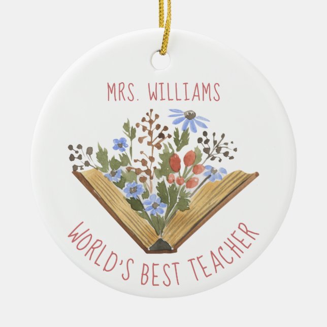 Teacher Appreciation Book Flowers Name Ceramic Tree Decoration (Front)