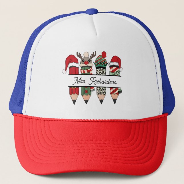 Teacher Appreciation Christmas Personalized Name Trucker Hat (Front)