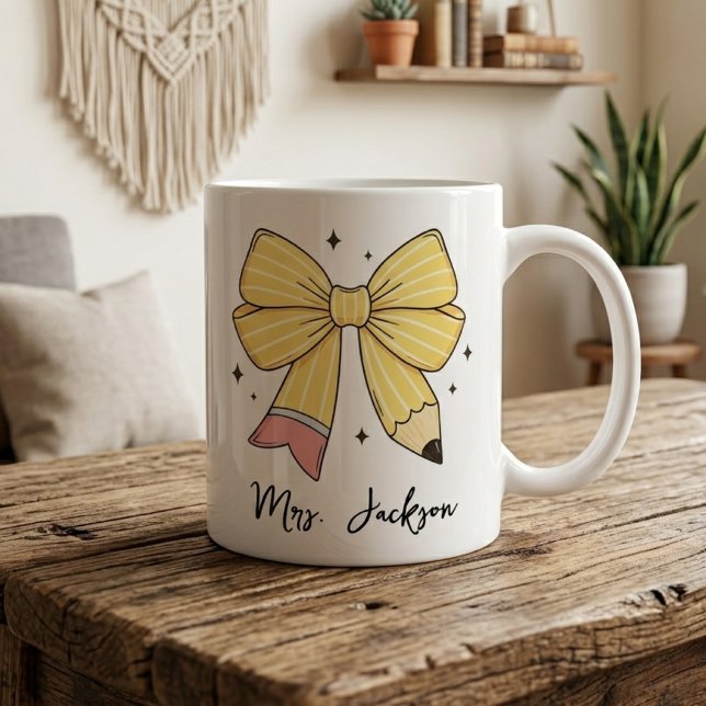 Teacher Appreciation | Custom Pencil Bow Teacher Coffee Mug (Kindergarten Teacher Coffee Cup | Retro Teacher Aesthetic Pencil Bow Mug | Back To School Gift)