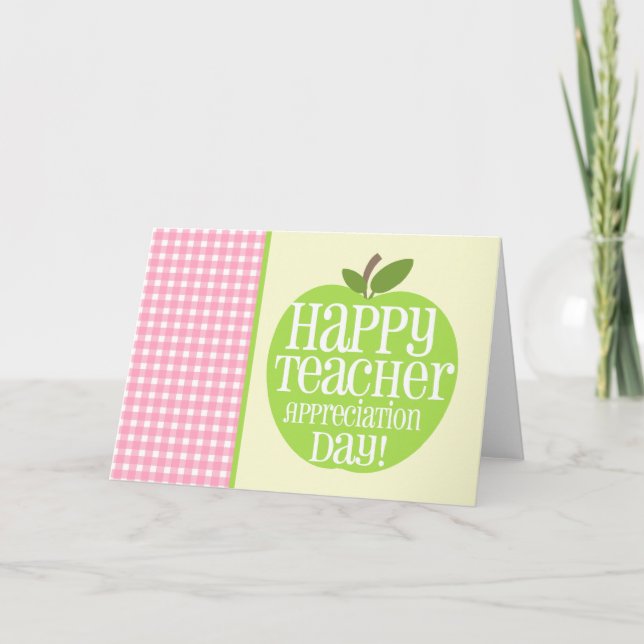 Teacher Appreciation Day Green Apple Pink Gingham Card (Front)