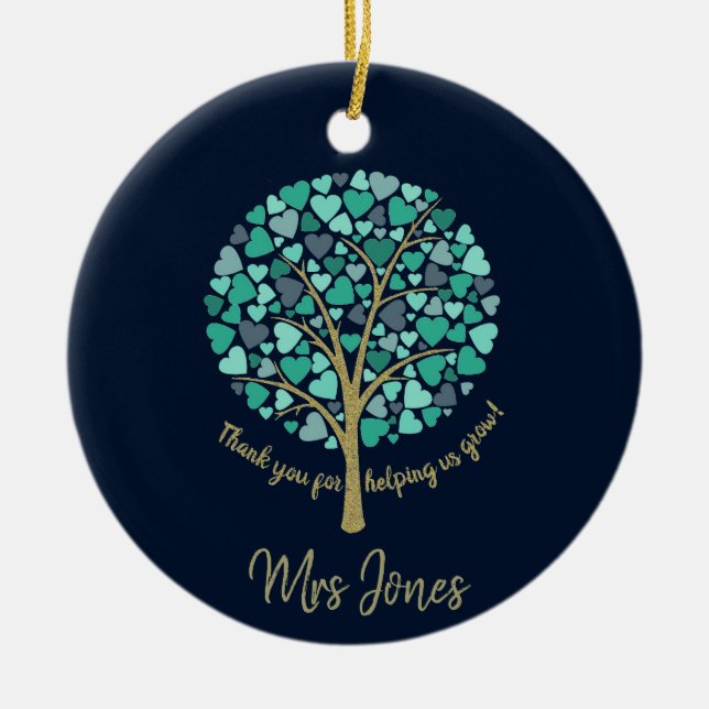 Teacher appreciation gift gold glitter heart tree ceramic tree decoration (Front)