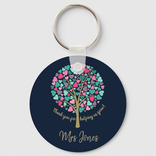 Teacher appreciation gift gold glitter heart tree key ring (Front)