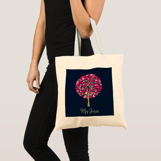 Teacher appreciation gift gold glitter heart tree tote bag (Front (Product))