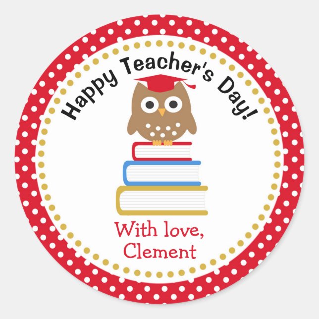 Teacher Appreciation Gift Personalised (Red Owl) Classic Round Sticker (Front)