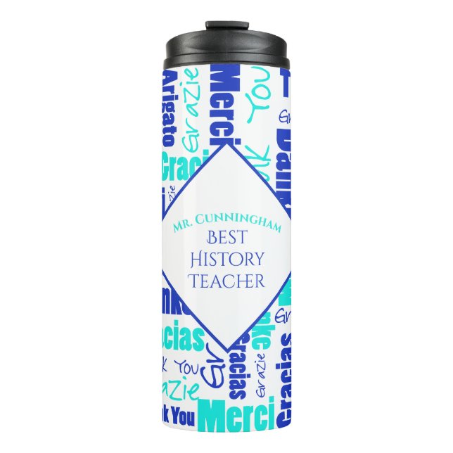 Teacher Appreciation Multilingual Thank You Blues Thermal Tumbler (Front)