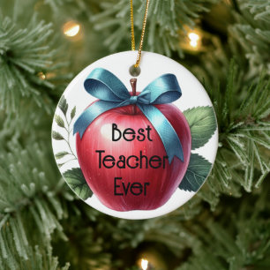 Teacher Appreciation Personalised Apples and Bows  Ceramic Tree Decoration