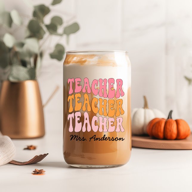 Teacher Appreciation Personalised With Name Retro Can Glass (Creator Uploaded)