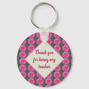 Teacher Appreciation Pink Rose Pattern Floral Key Ring