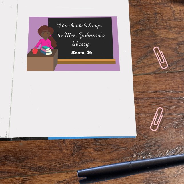 Teacher at her Desk Classroom Library Bookplate  Rectangular Sticker (Creator Uploaded)