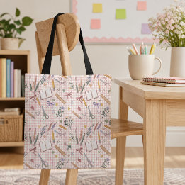 Teacher Back to School Pattern Watercolor Gingham Tote Bag