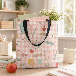 Teacher Back to School Watercolor Pink Gingham Tote Bag