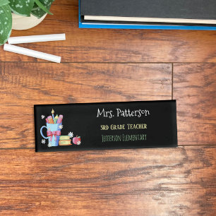 Teacher Black Name Tag with Watercolor Art