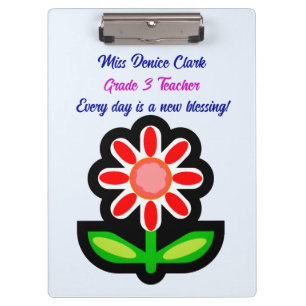 Teacher Blue Pink Clipboard with Red Flower