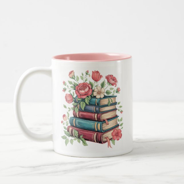 Teacher Book Lover Back to School Wildflowers Two-Tone Coffee Mug (Left)