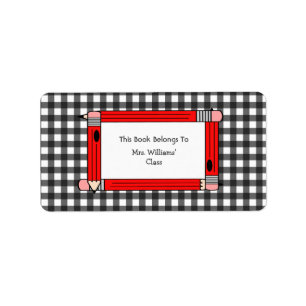 Teacher Bookplate - Grey Gingham & Red Pencils Label