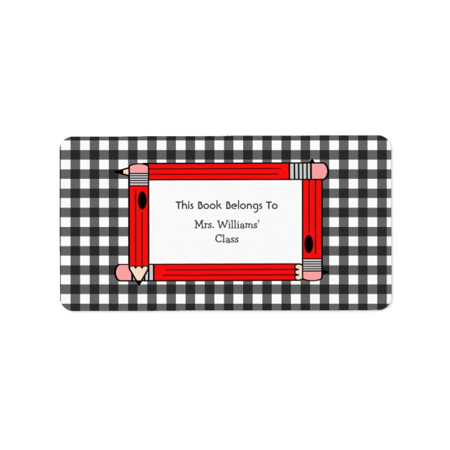 Teacher Bookplate - Grey Gingham & Red Pencils Label (Front)