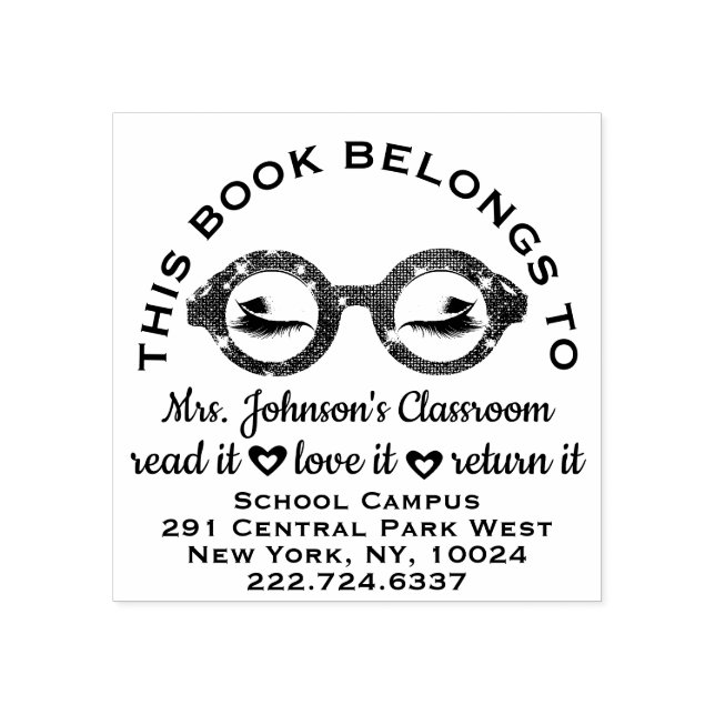 Teacher Bookplate Label Glasses Adress Name Custom Rubber Stamp (Imprint)