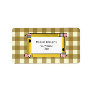 Teacher Bookplate - Tan Gingham & Yellow Pencils Label