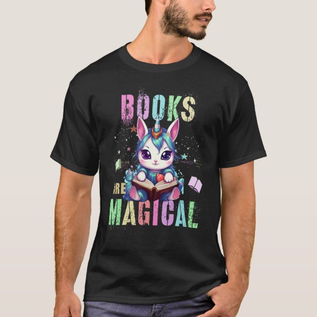 Teacher BOOKS ARE MAGICAL Cat Unicorn School Libra T-Shirt (Front)