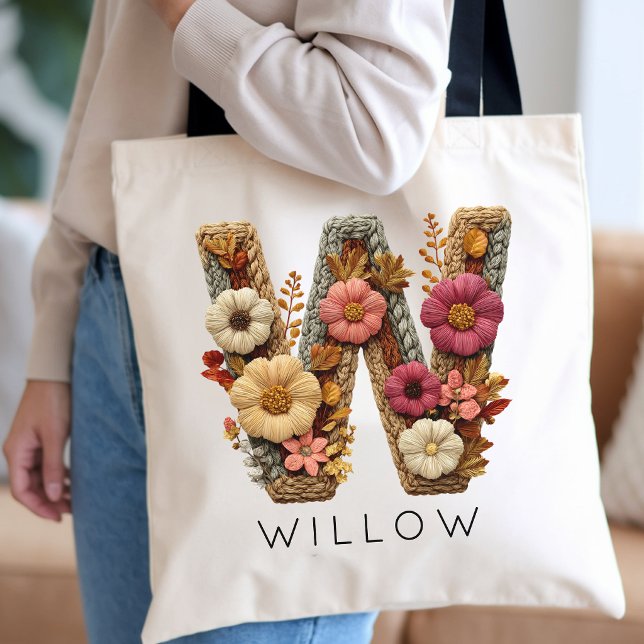 Teacher | Botanical Initial Bride Wedding Party Tote Bag (nurse appreciation gift, graduation gift for her, bridal shower favor, floral maid of honor gift)